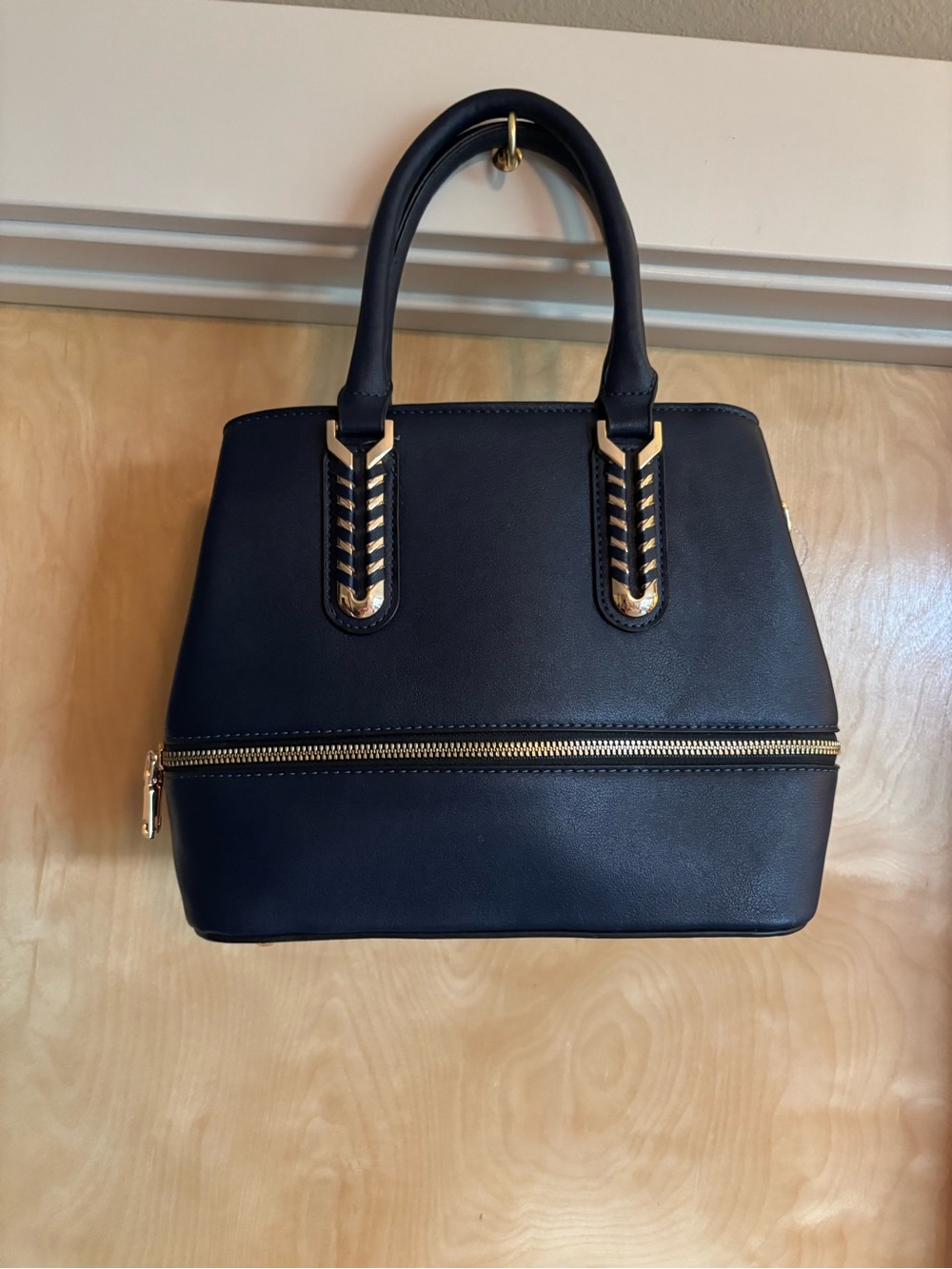 NWT La Terre Navy Vegan Leather Satchel - Gold Hardware, Convertible Crossbody